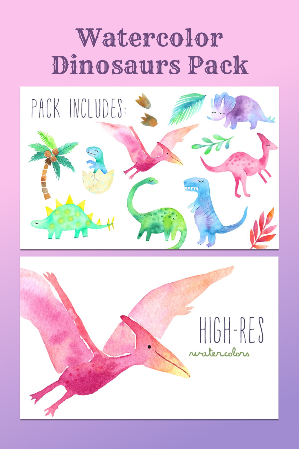 watercolor dinosaurs hand painted pack.