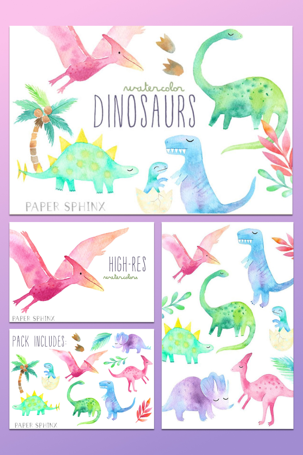 watercolor dinosaurs hand drawned pack.