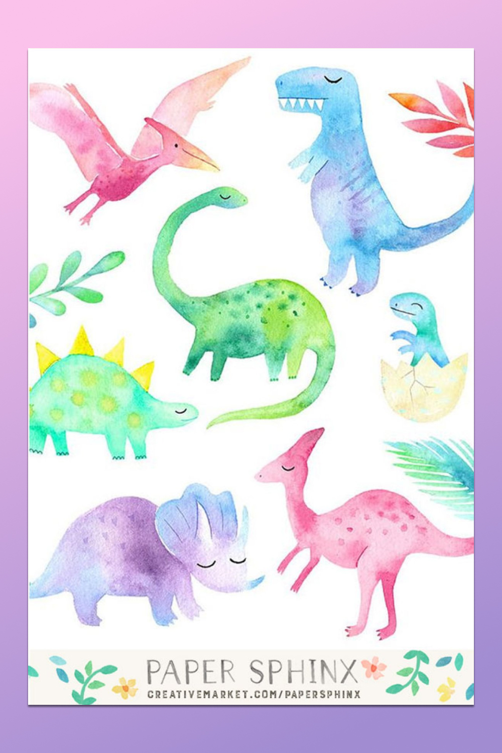 watercolor dinosaurs illustrations pack.