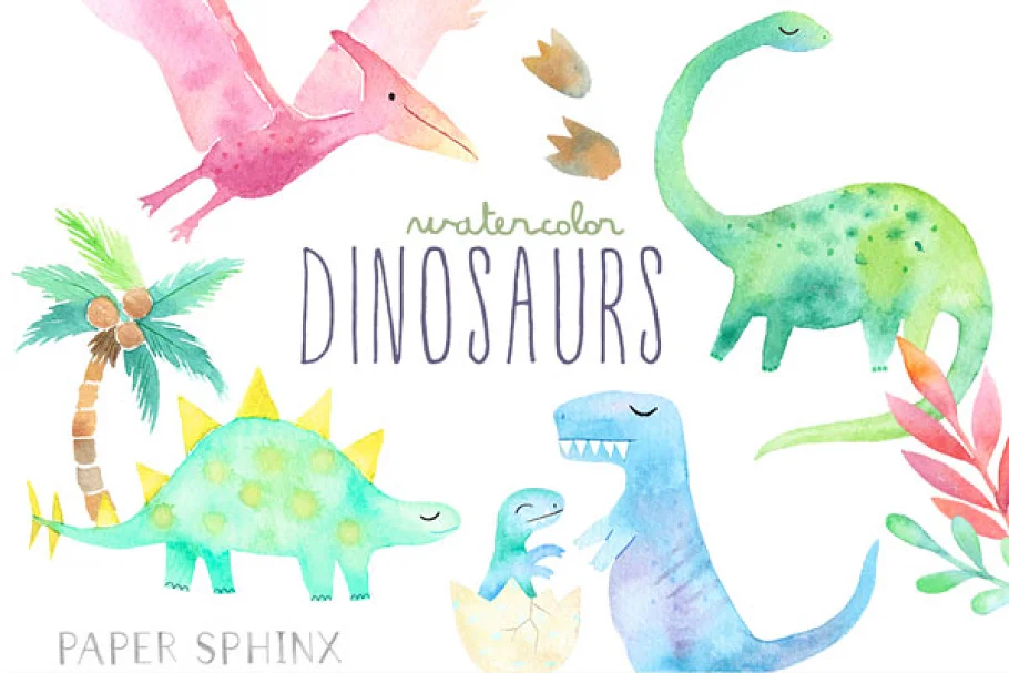 watercolor dinosaurs pack of clipart.
