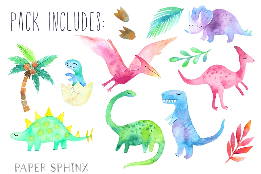watercolor dinosaurs graphics pack.