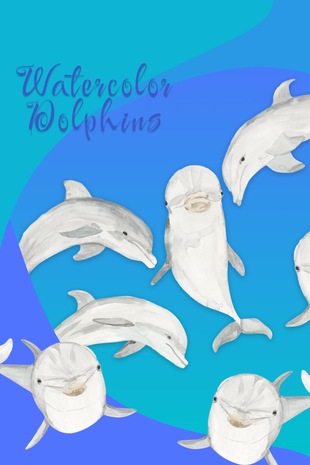 Watercolor Dolphins Elements Hand Painted Package pinterest image.