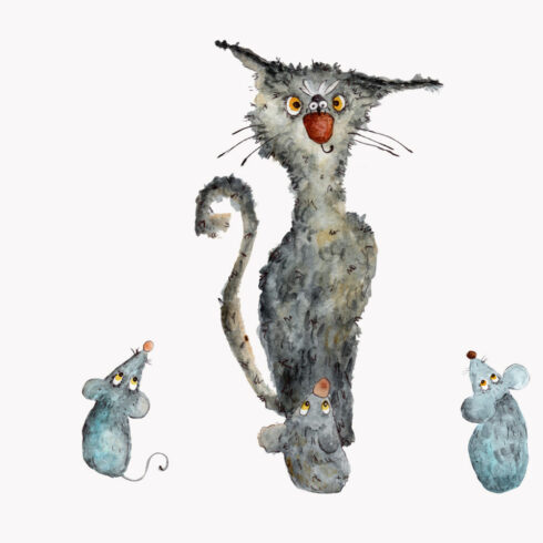 watercolor drawings cat and mouse elemnts.