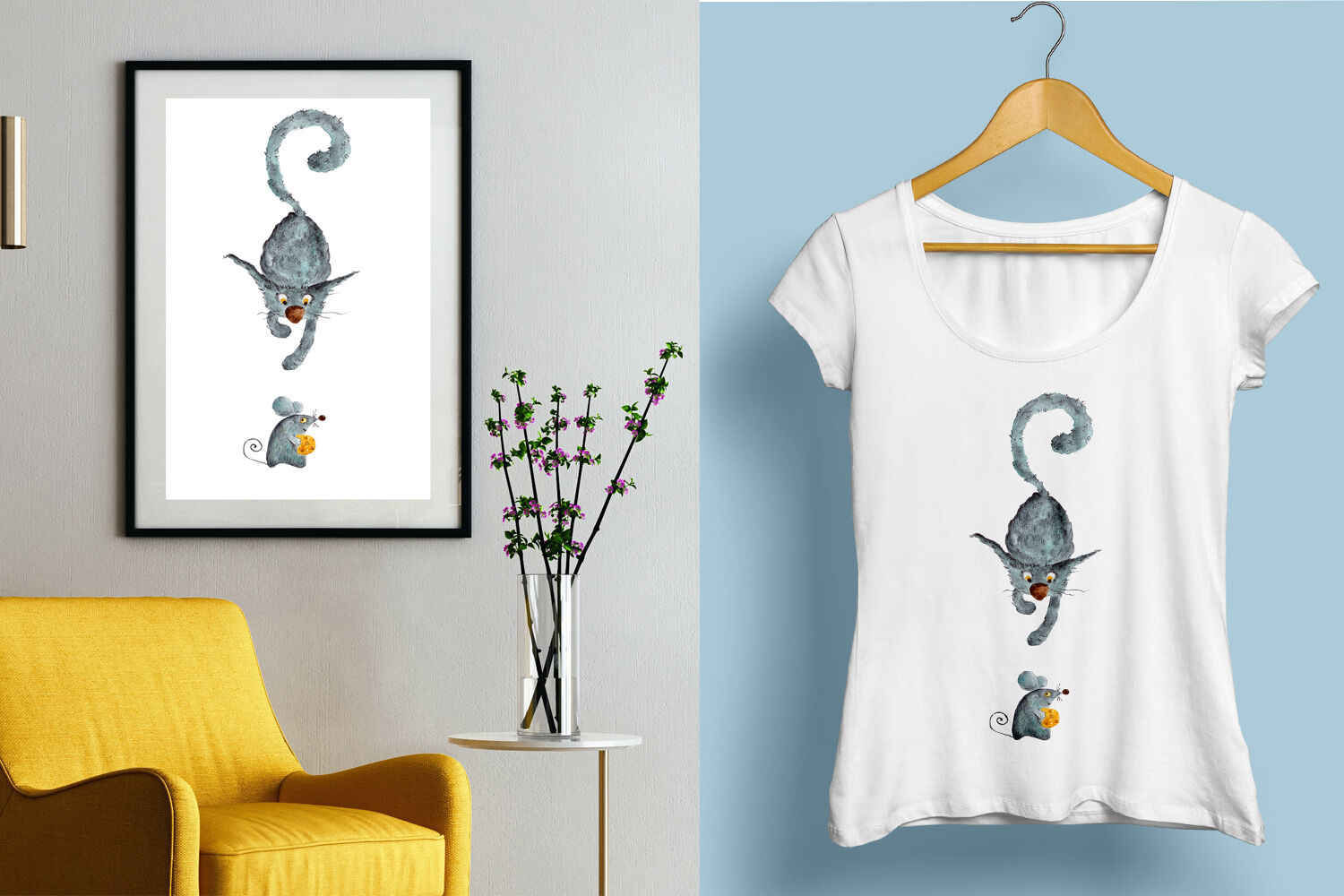 watercolor drawings cat and mouse mockups.