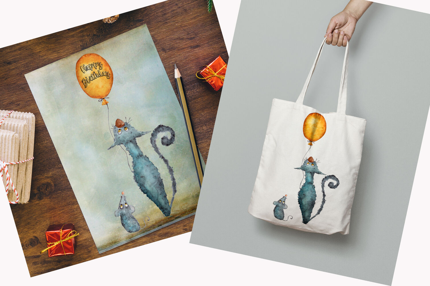 watercolor drawings cat and mouse shopper.