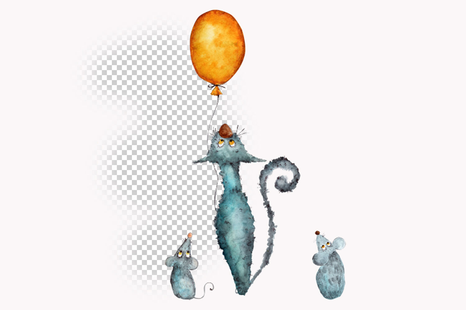 watercolor drawings cat and mouse transparent backgrounds.