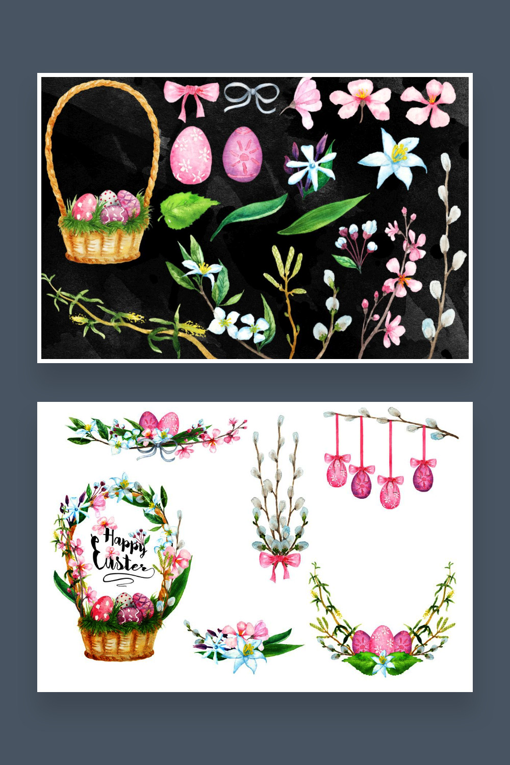 Collage with Easter basket, eggs, flowers on white and black background.