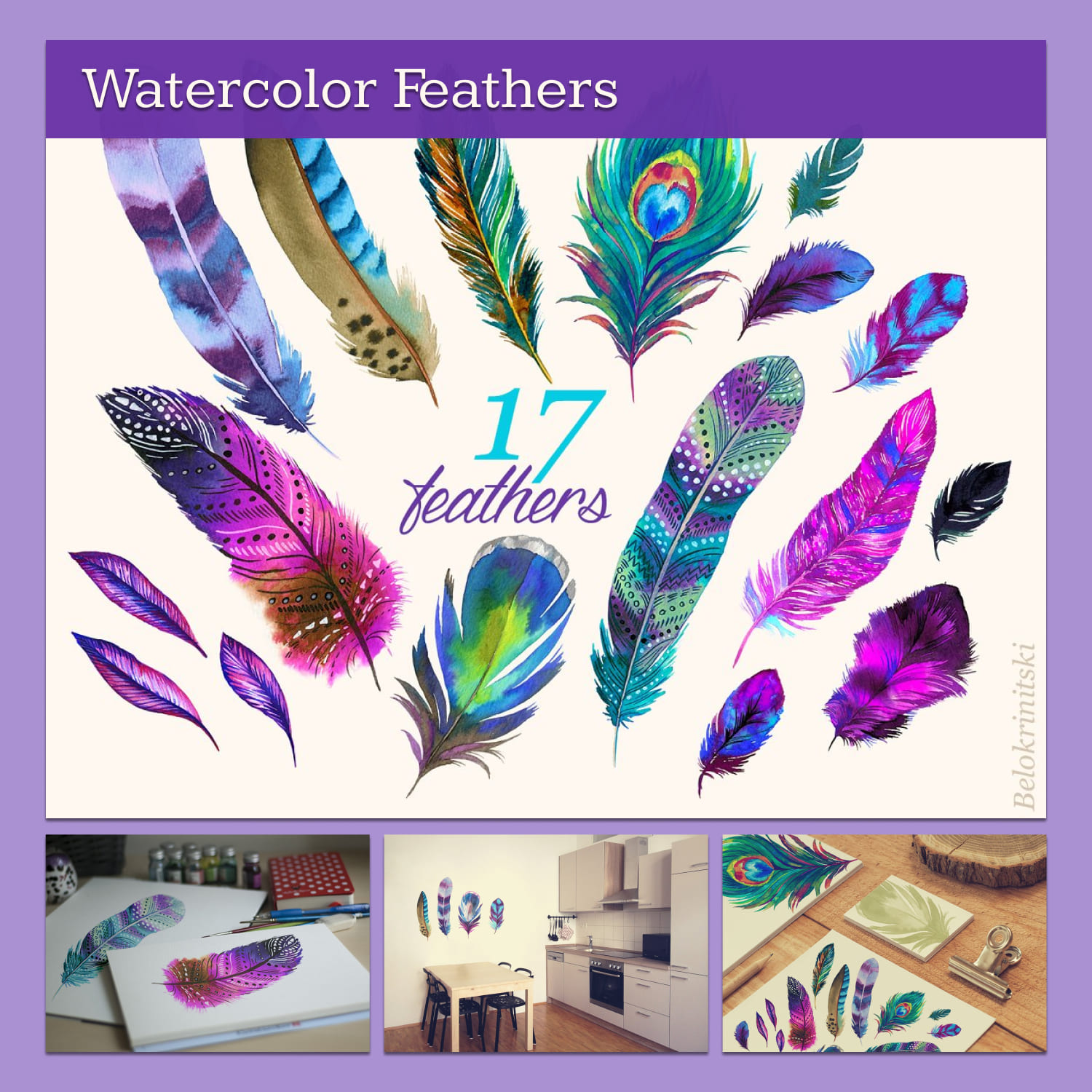 Set of Watercolor Feathers Illustrations cover image.