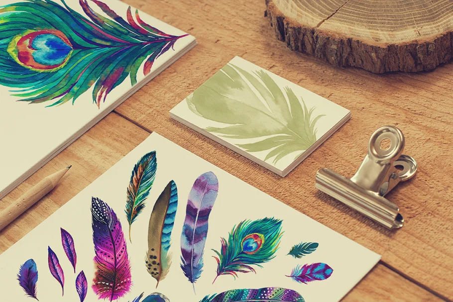 watercolor feathers hand drawn design.