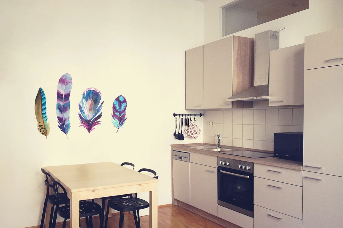 watercolor feathers illustrations okitchen wall mockup.
