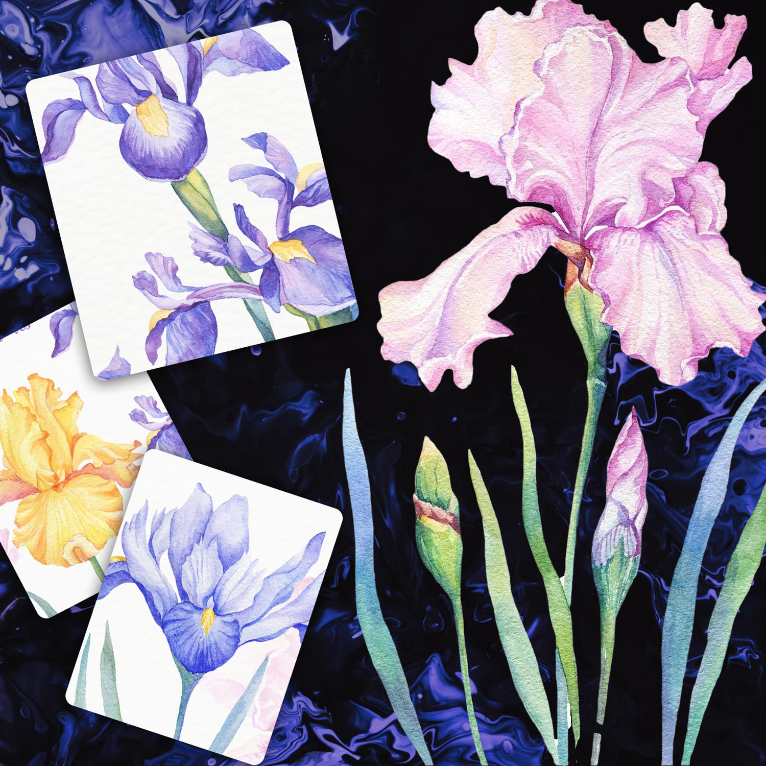 watercolor irises hand painted set.