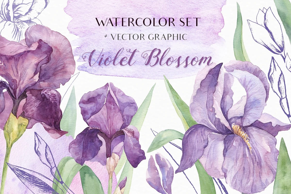 Watercolor Irises+Vector facebook image.