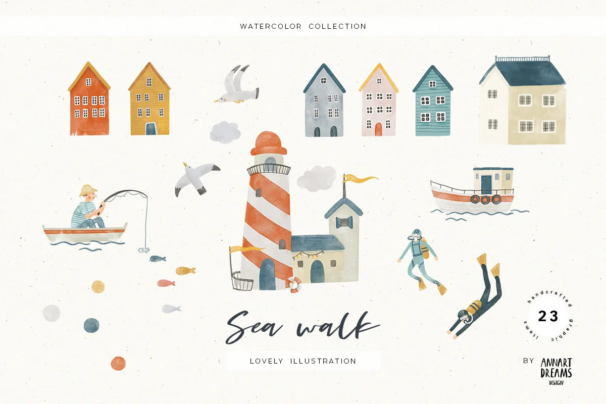 watercolor sea collection houses.
