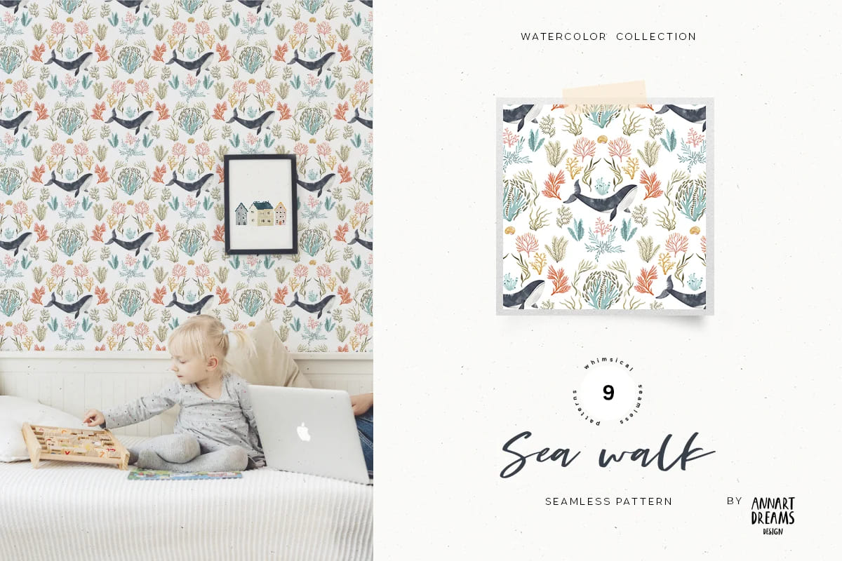 watercolor sea collection in flat design mockup.