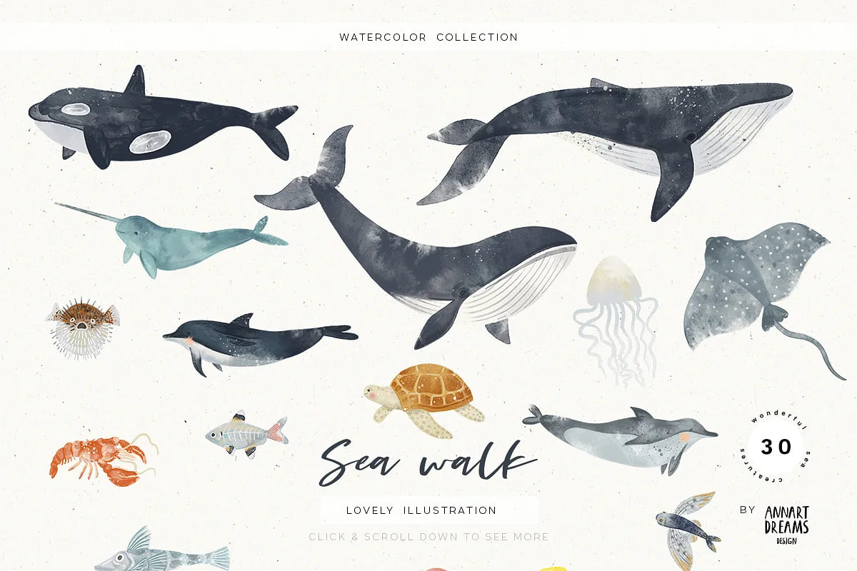 watercolor sea collection animals.