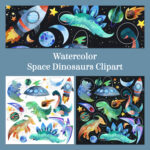 Watercolor Space Dinosaurs Clipart cover image.