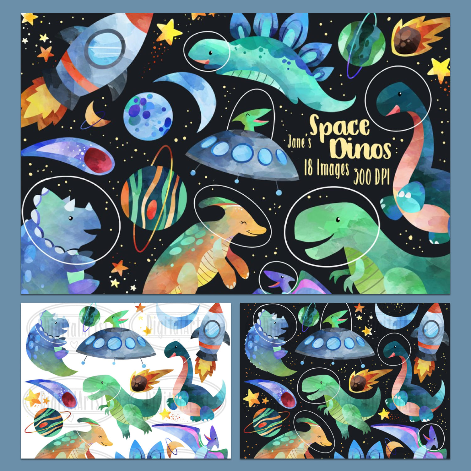 Watercolor Space Dinosaurs Clipart preview image.