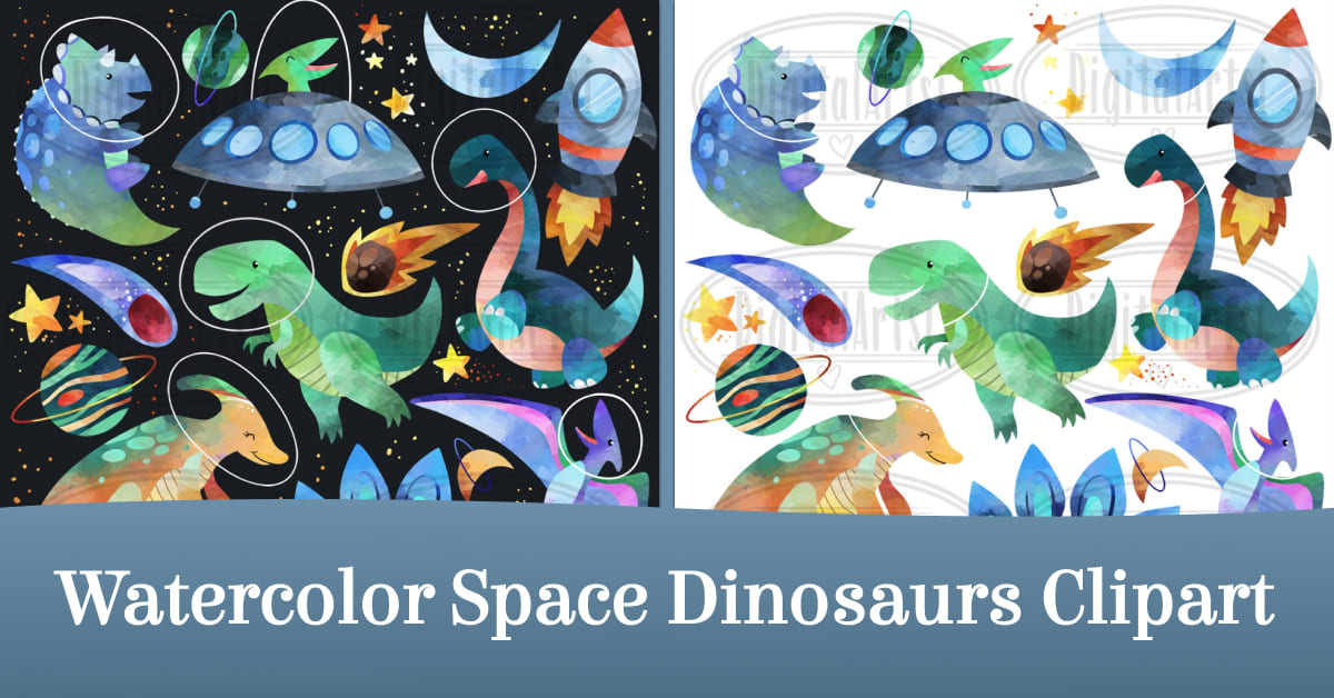 watercolor space dinosaurs clipart.