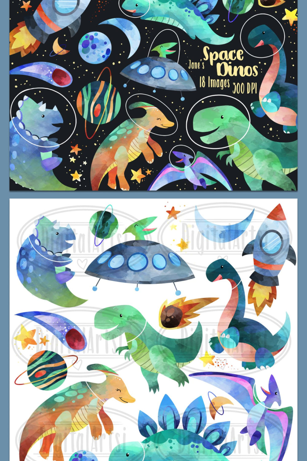 watercolor space dinosaurs clipart collection.