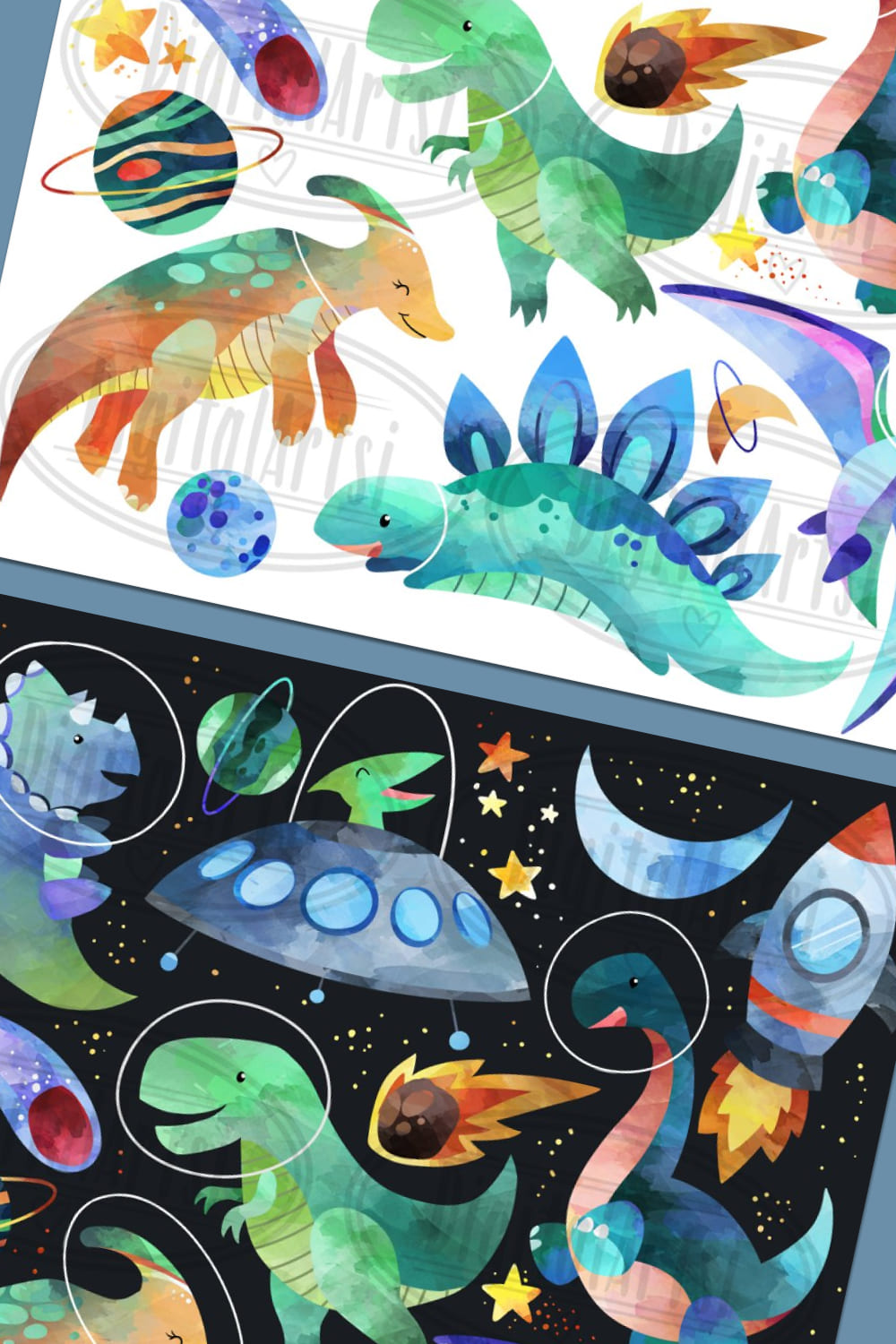 watercolor space dinosaurs clipart pack.