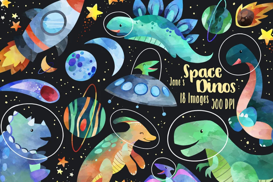 watercolor space dinosaurs graphics.