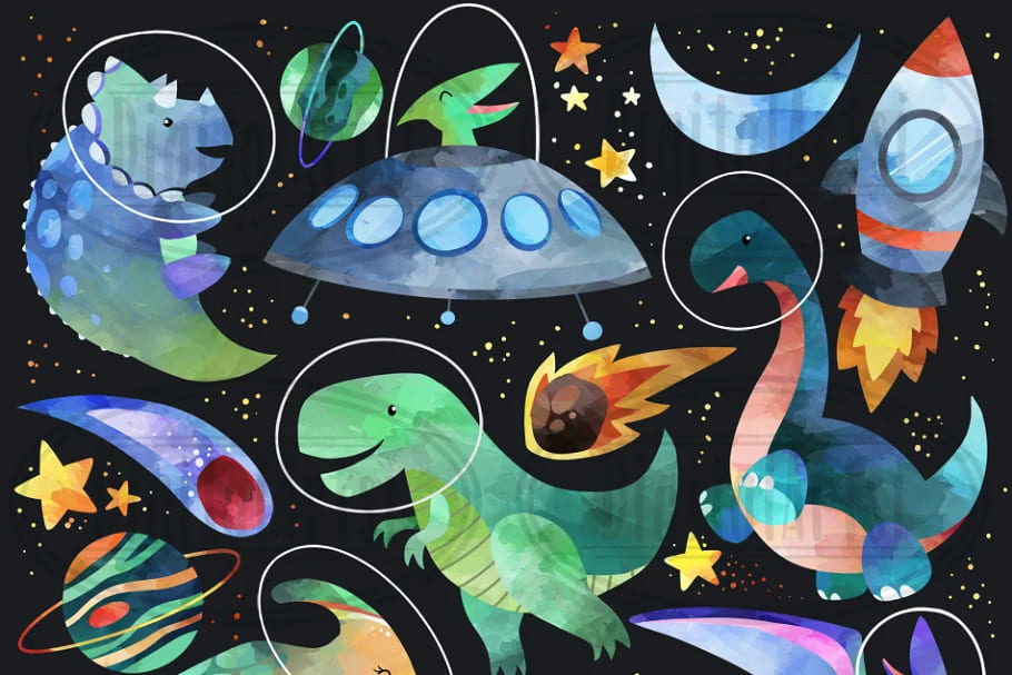 watercolor space dinosaurs graphics collection.