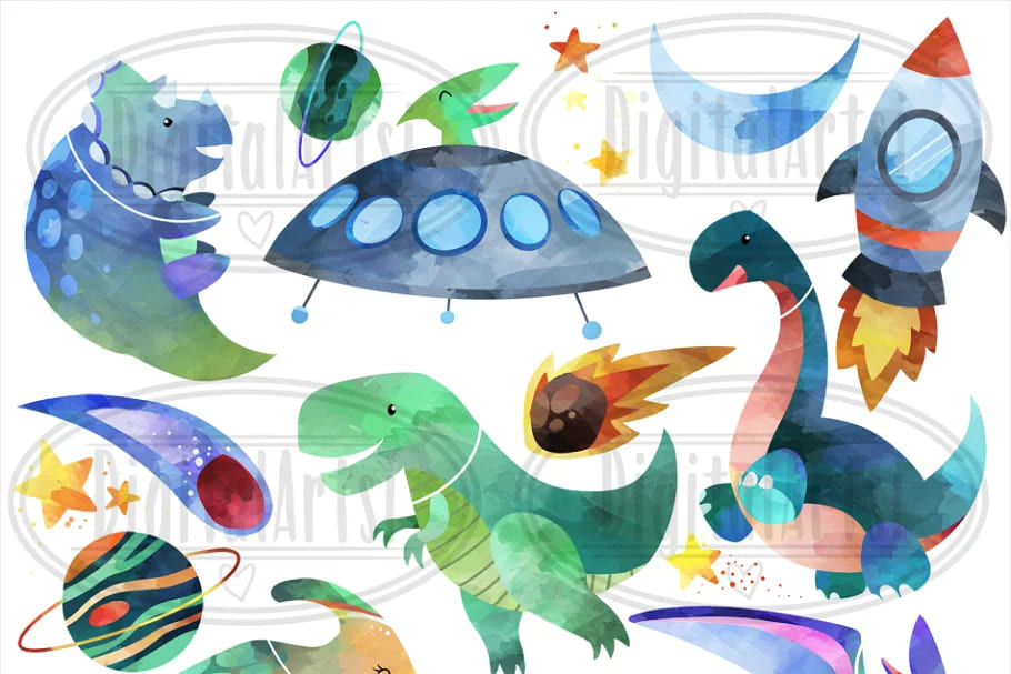 watercolor space dinosaurs graphics set.