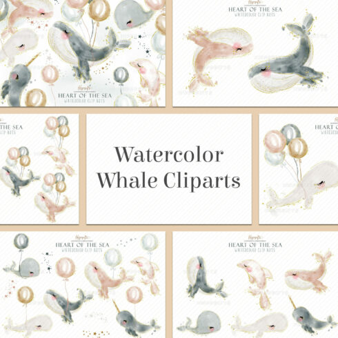 Watercolor Whale Cliparts Set cover image.
