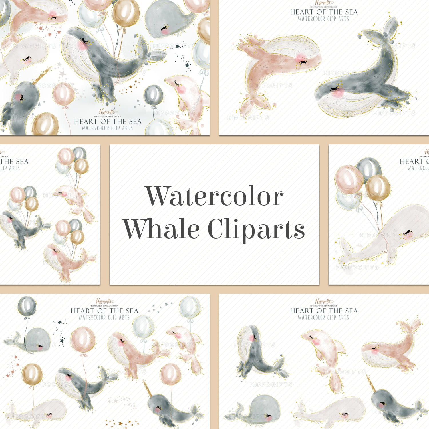 Watercolor Whale Cliparts Set cover image.