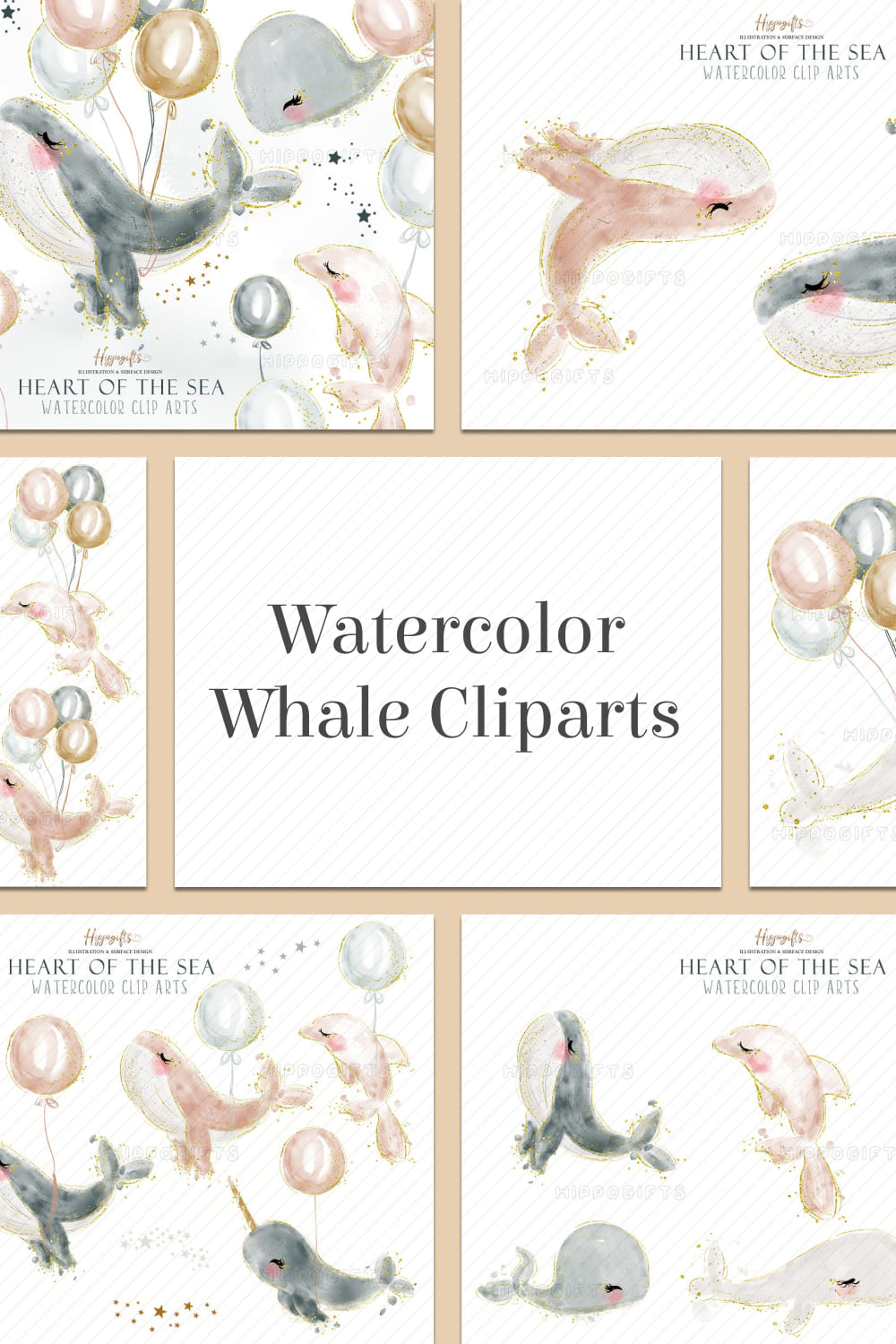 Watercolor Whale Cliparts Set pinterest image.