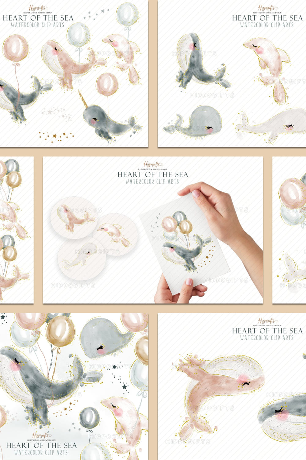 watercolor whale cliparts sealife collection.