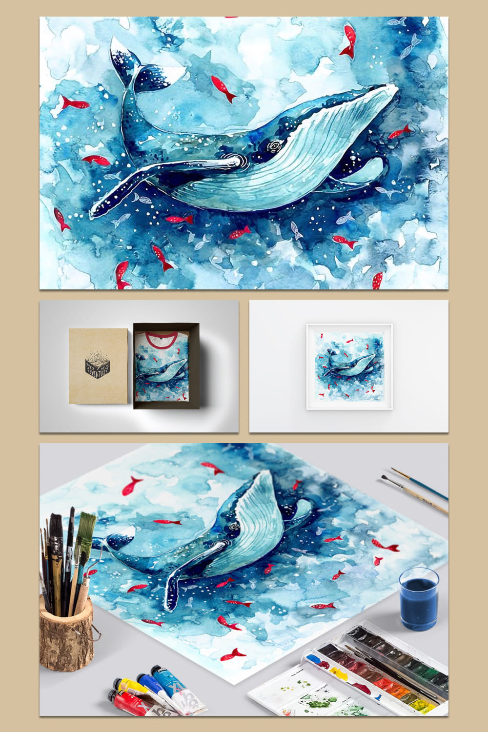 hand painted watercolor whale illustration.