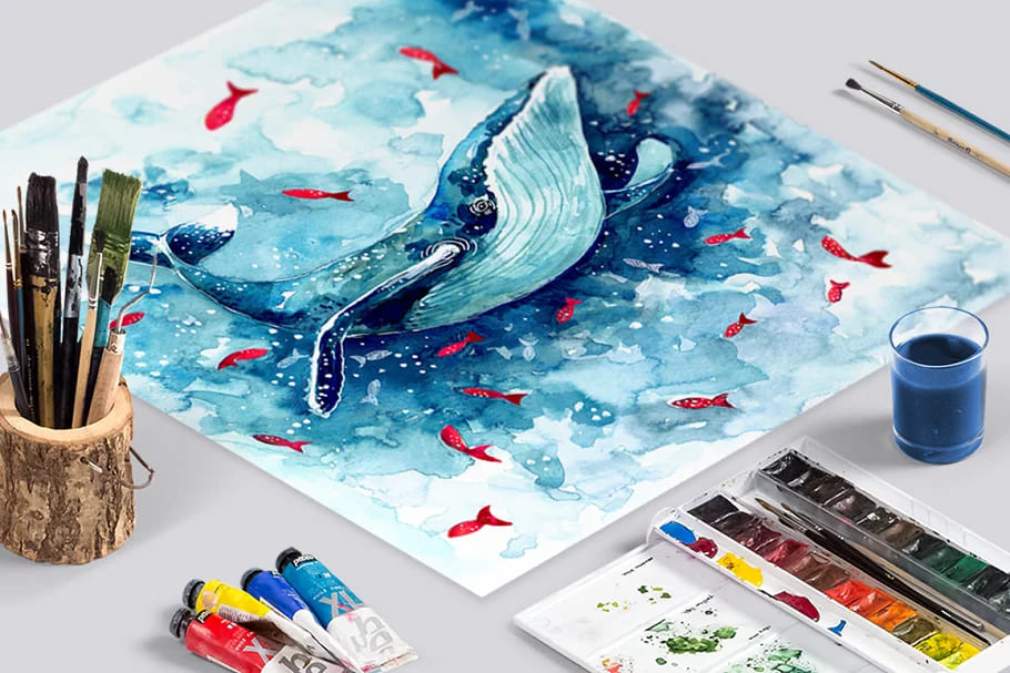 watercolor whale graphics.