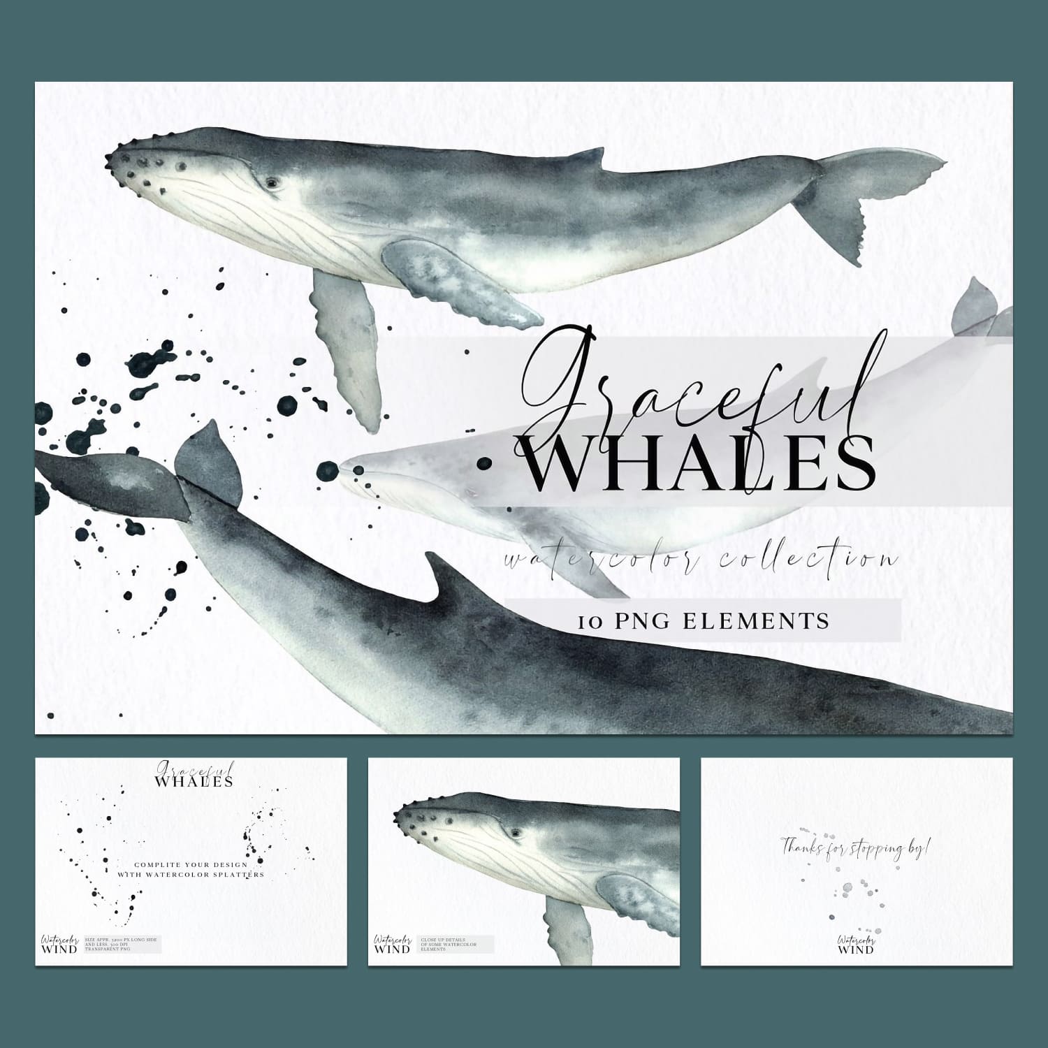 Graceful Watercolor Whales Clipart Set preview image.
