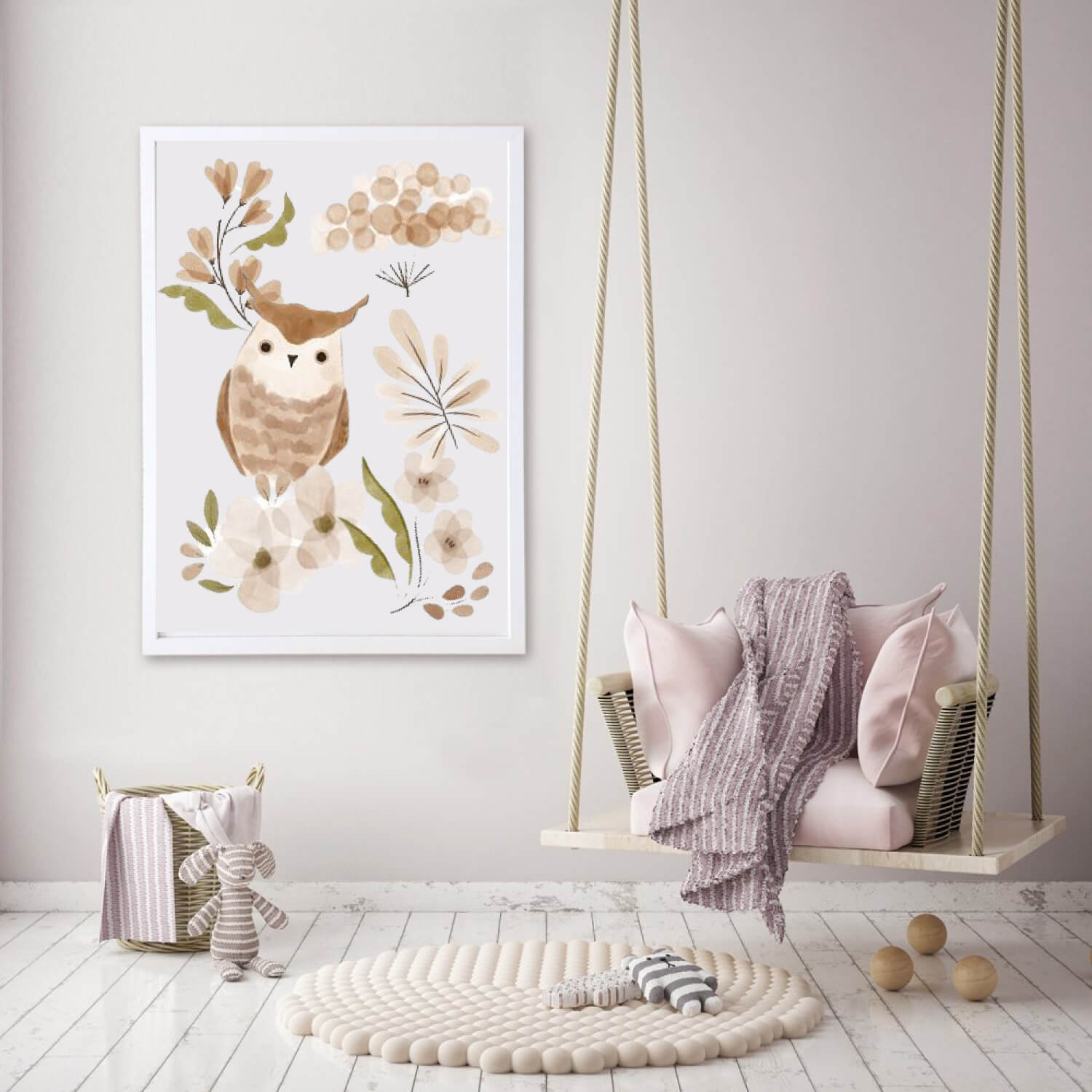 Painting with an owl and beautiful airy flowers painted in watercolor.