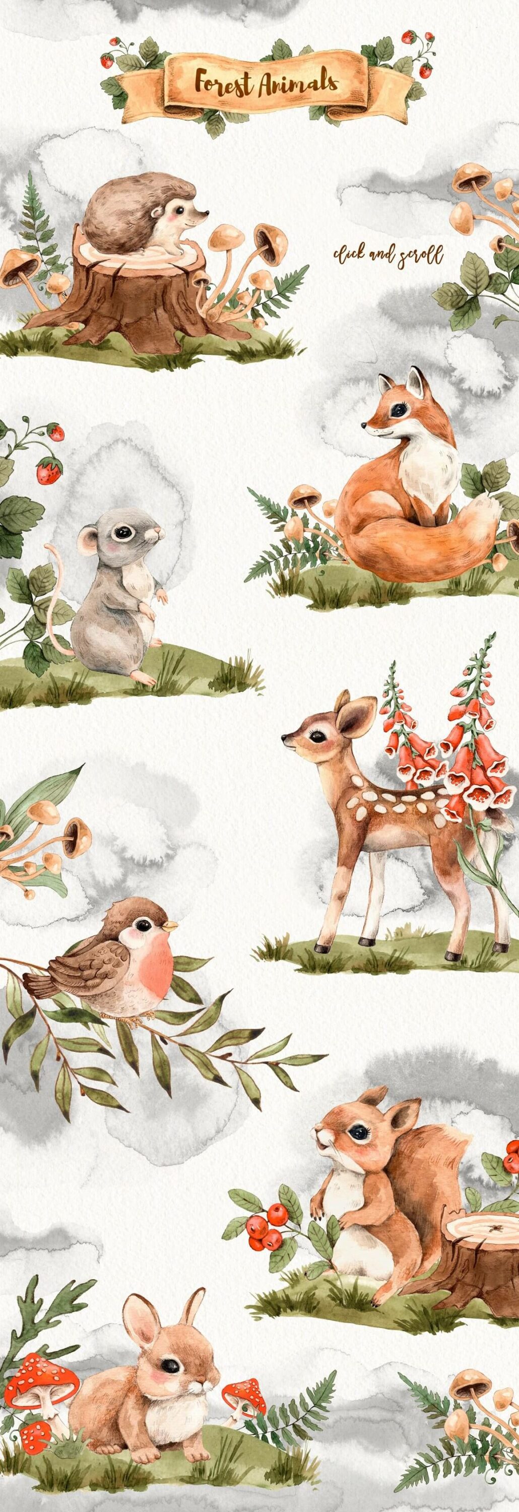 Long picture with small forest animals.