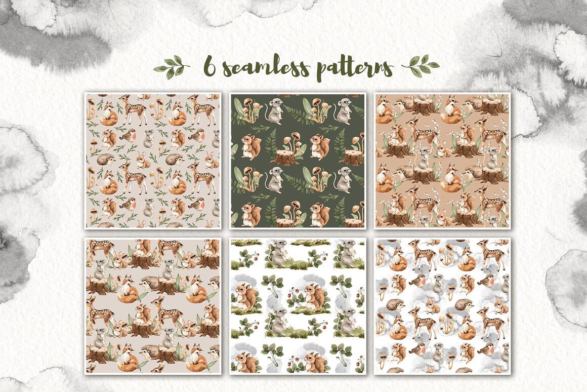 6 Seamless Patterns of Little Forest Animals.