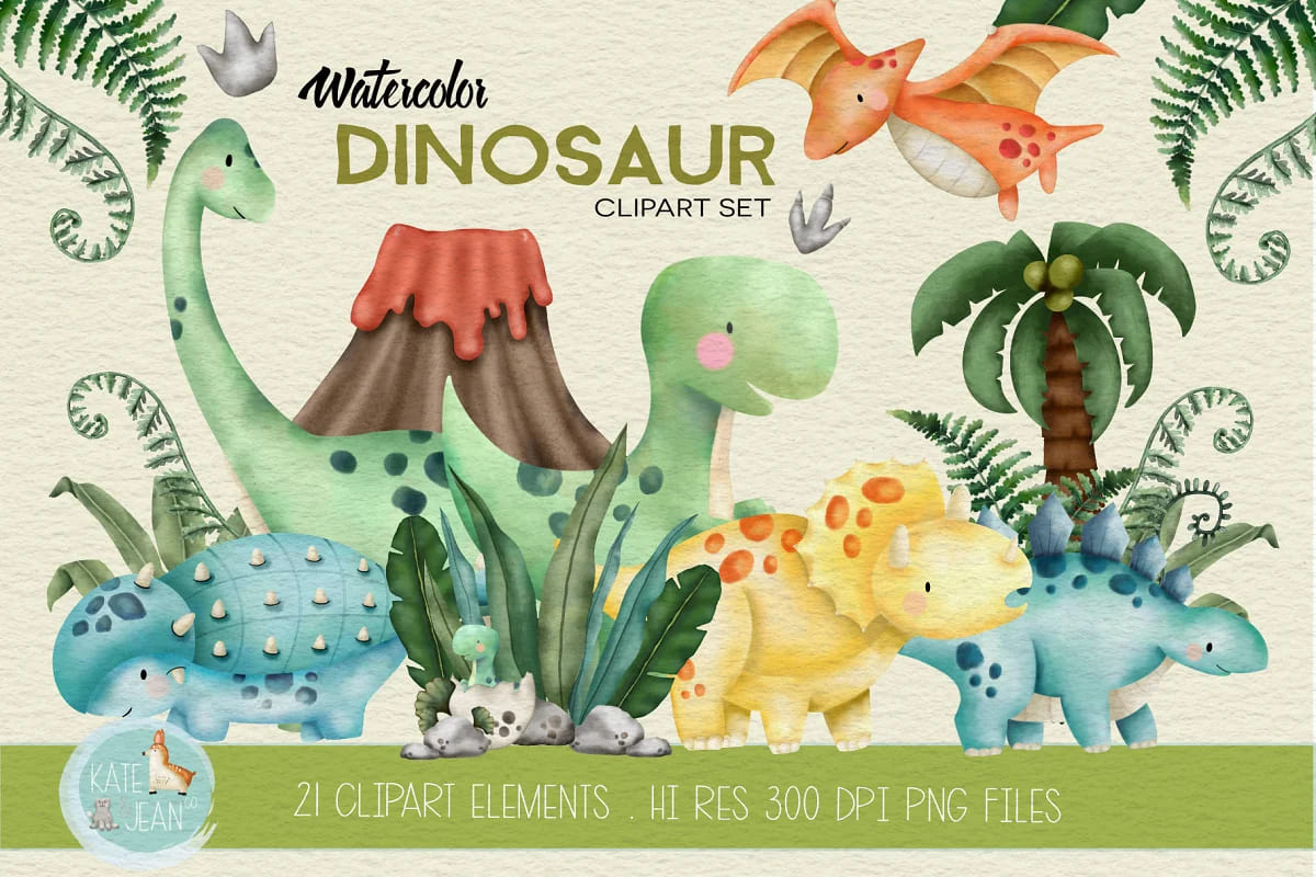 Waterolor Dinosaur Clipart Set facebook image.