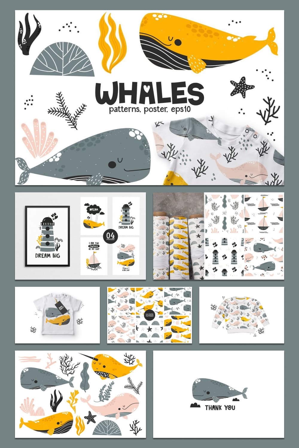 whales cute character graphics collection.