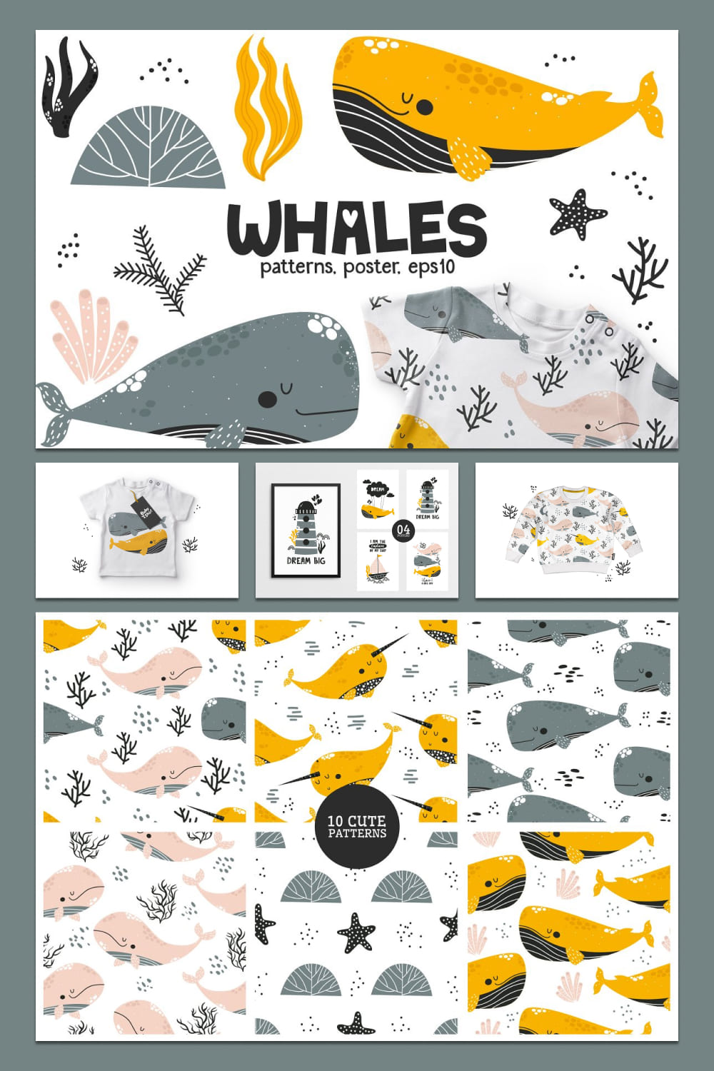 whales cute character illustrations set.
