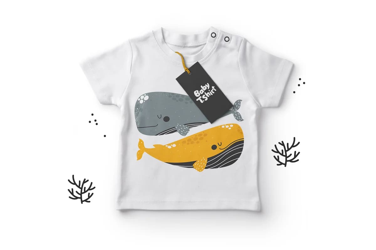 whales cute character t-shirt mockup.
