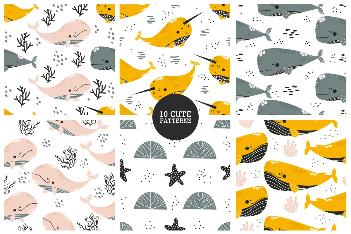 whales cute character patterns.