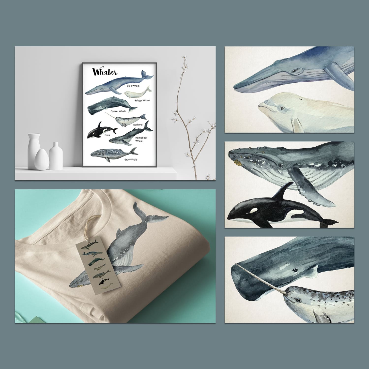 Whales - Watercolor Clip Art & Print Graphics preview image.