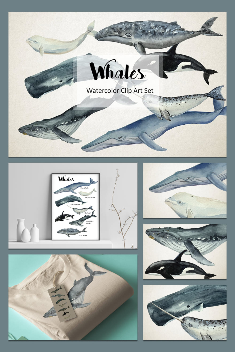 whales watercolor clip art print set.