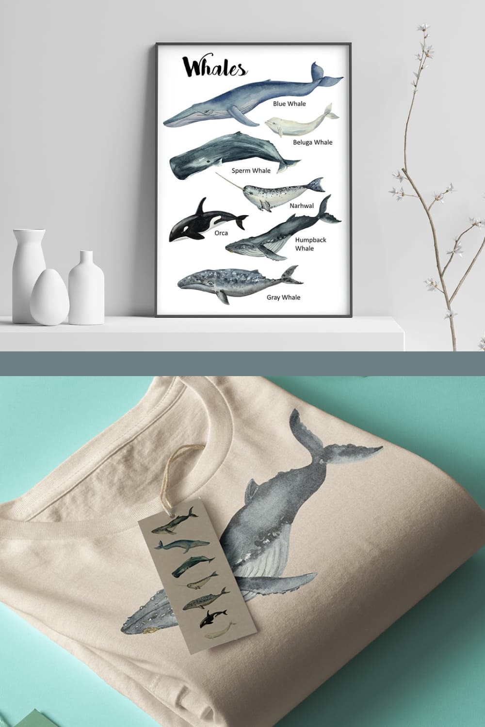 whales watercolor clip art print kit.