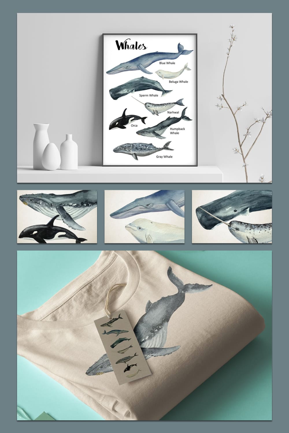 whales watercolor clip art print graphics.