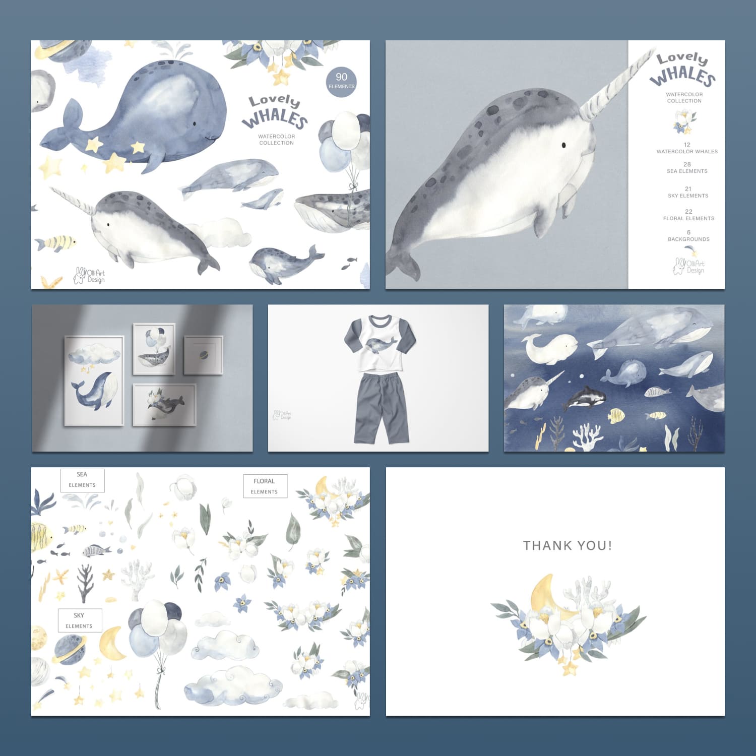 Lovely Whales Watercolor Collection preview image.