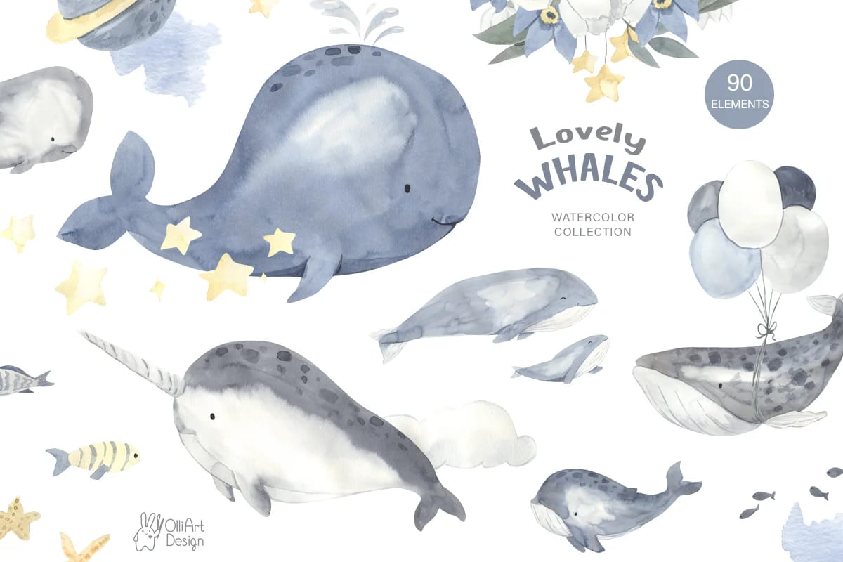 whales watercolor collection good mood paintings.
