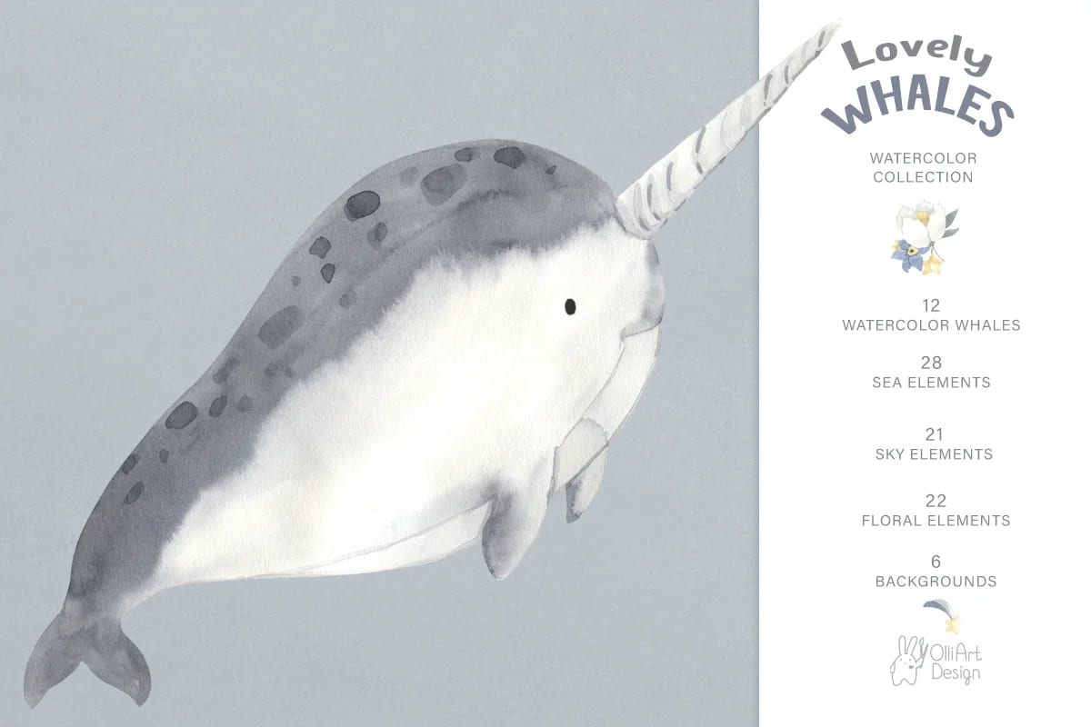 whales watercolor collection in blue pastel colors.