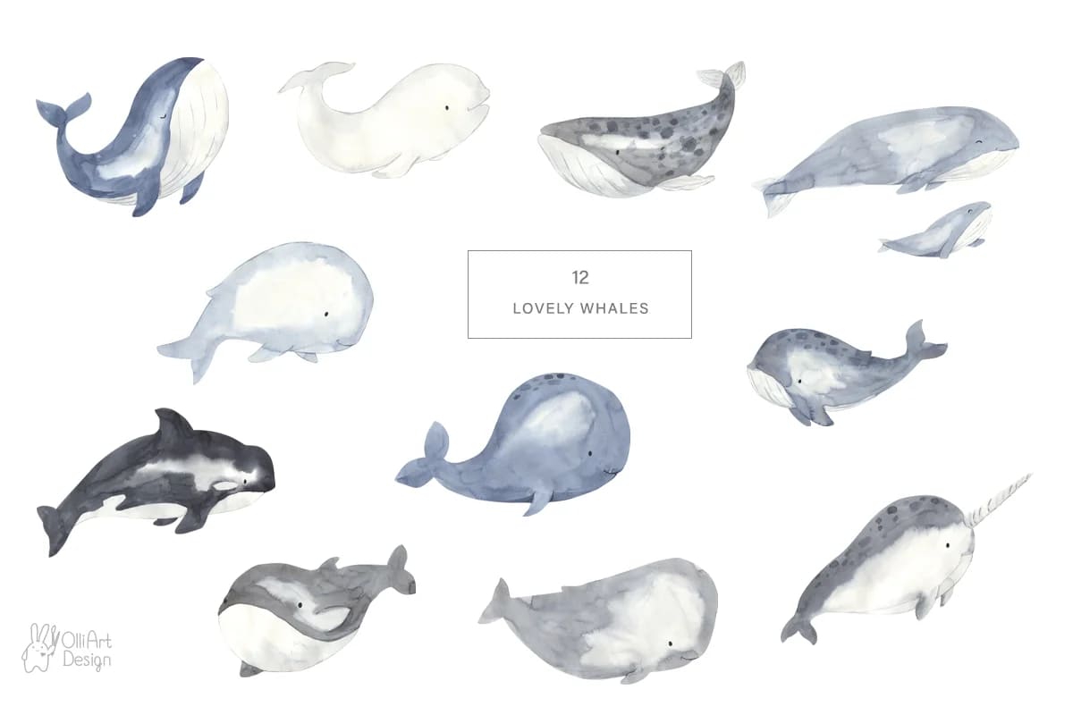 whales watercolor collection elements.
